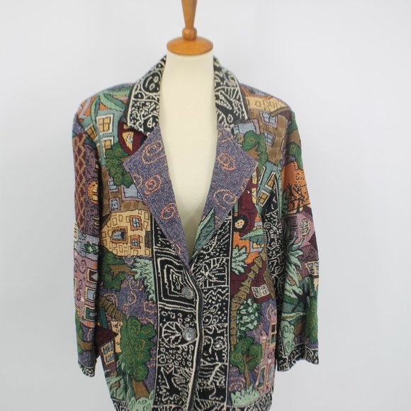 Vintage Blanket Jacket Knit Metal Coin Button L - Picture 9 of 10